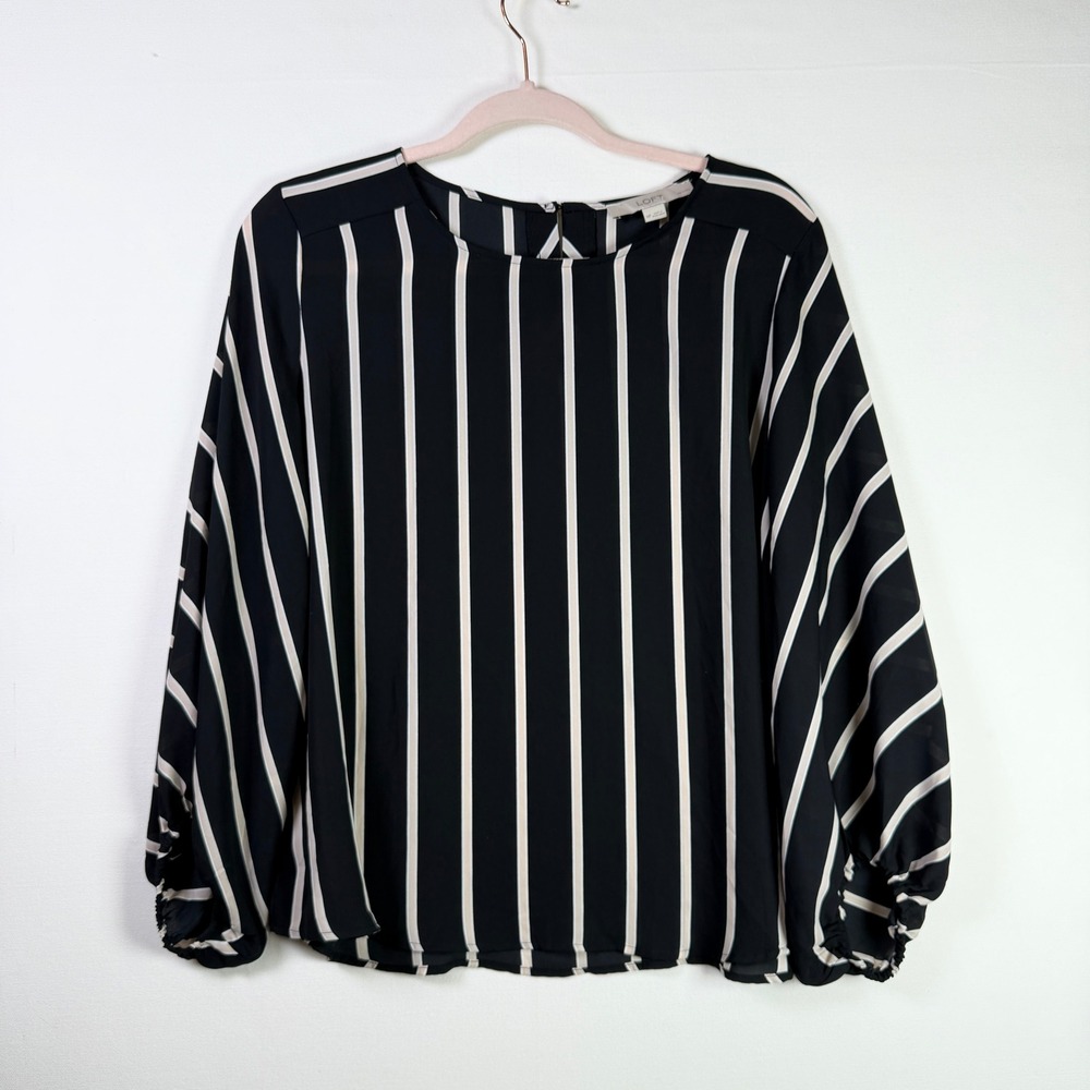 LOFT Black Cream Striped Balloon Sleeve Blouse MP